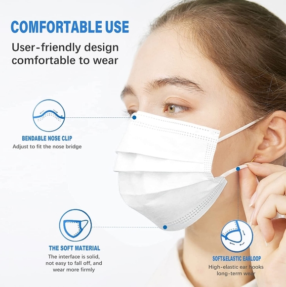 Disposable 3-Ply Face Masks White 50 Pack Comfortable Breathable - Picture 2 of 3